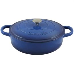 Crock Pot Artisan 5 Quart Round Enameled Cast Iron Braiser Pan with Lid, Sapphire Blue