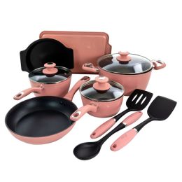 Oster Lynhurst 12 Piece Nonstick Aluminum Cookware Set in Pink with Kitchen Tools