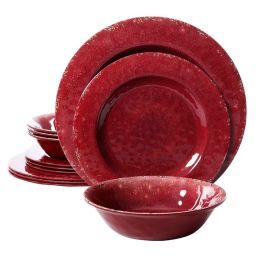 Studio California Melamine Mauna 12 Piece Burgundy Dinnerware Set with Crackle Decal