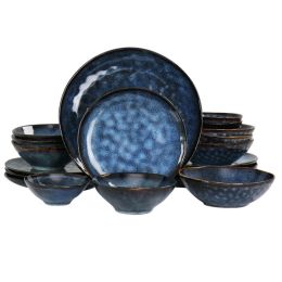 Elama Lucca 20 Piece Round Stoneware Triple Bowl Dinnerware Set in Reactive Glaze Blue
